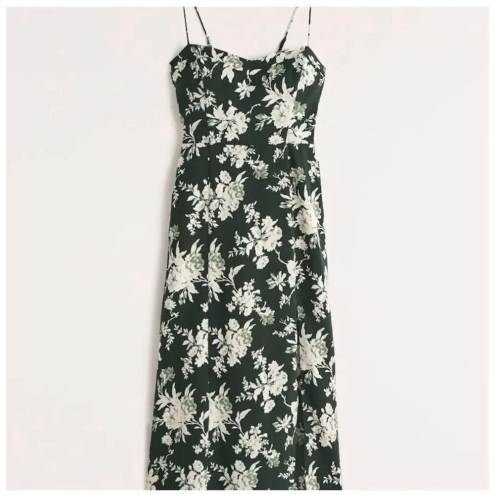 Abercrombie & Fitch Dark Green White Floral High Slit Midi Maxi Dress Size XS